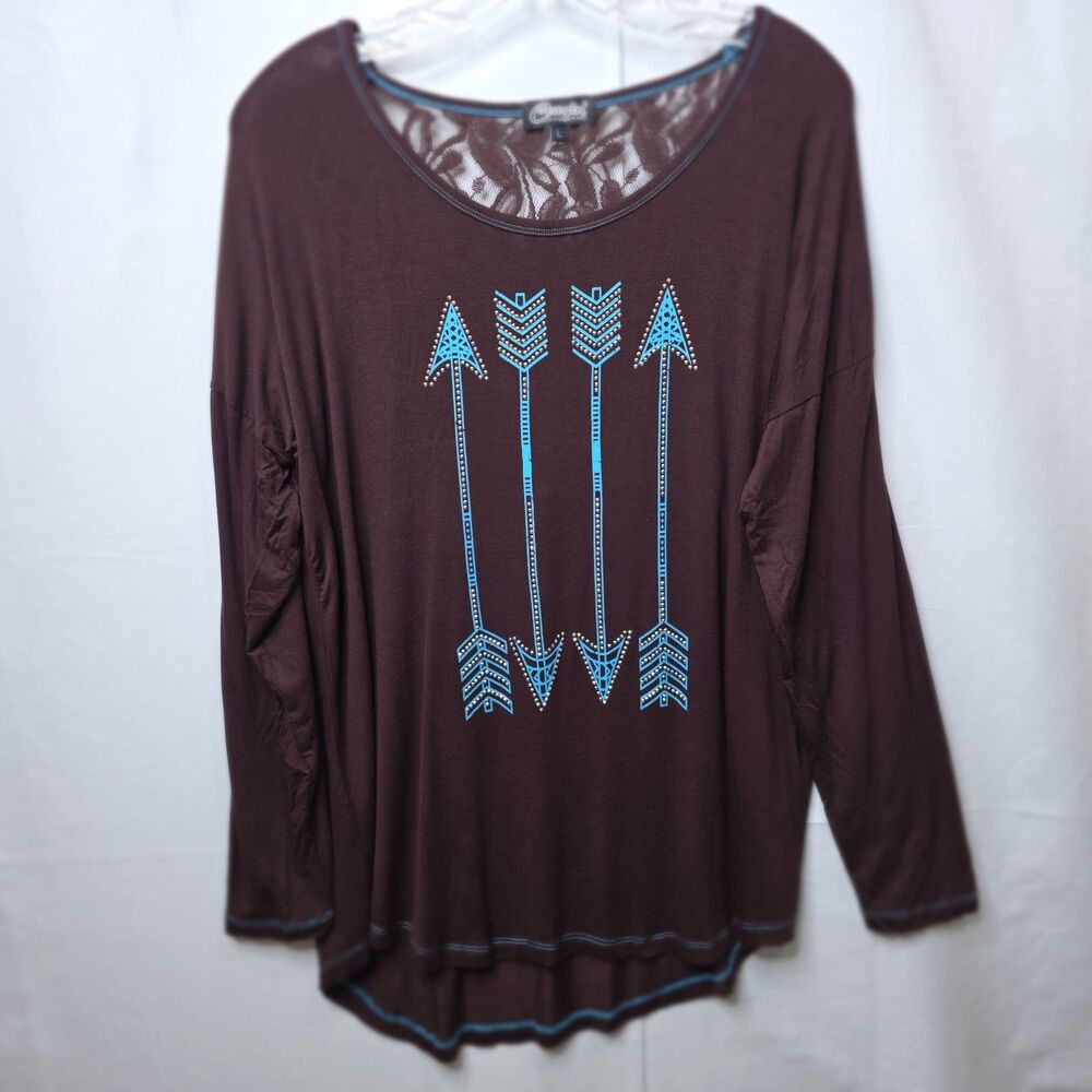 Cowgirl Hardware Womens Western Top Rhinestone Long Sleeve Sz L Lace Back Boho